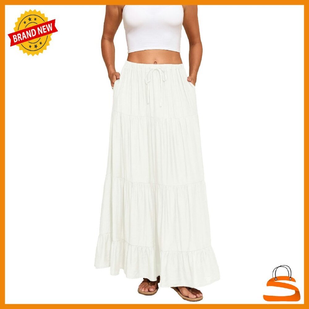Boho Maxi Skirt with Pockets, Elastic Waist, Tiered Ruffles, Cotton Blend